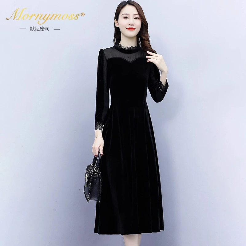 默尼密司品牌长袖金丝绒连衣裙女2025秋冬季新款优雅妈妈气质裙子
