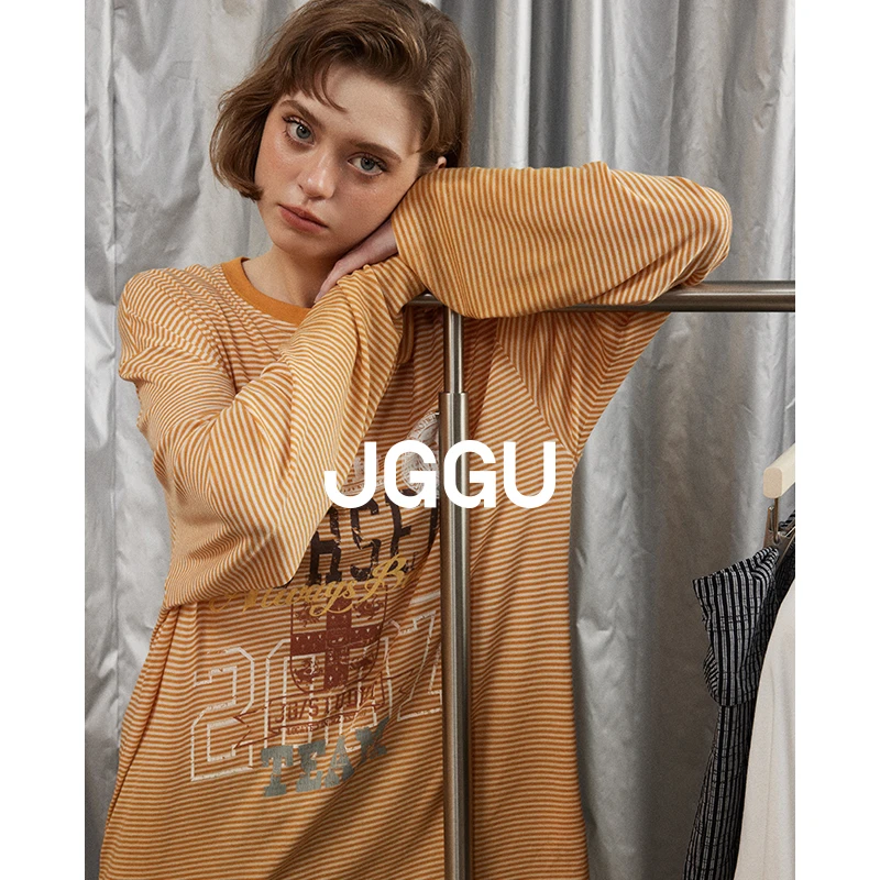 晶咕黑标JGGU调色师复古渐变印花细条纹莱赛尔垂感T恤JG12250009