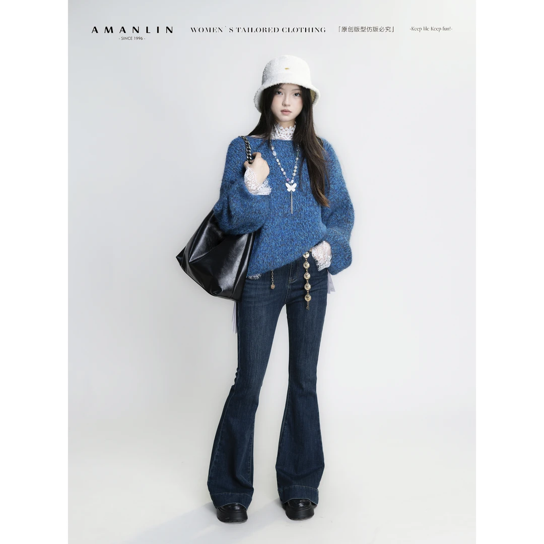 AMANLIN/阿谩琳琥珀流光小众款修身高腰显瘦牛仔裤S601209