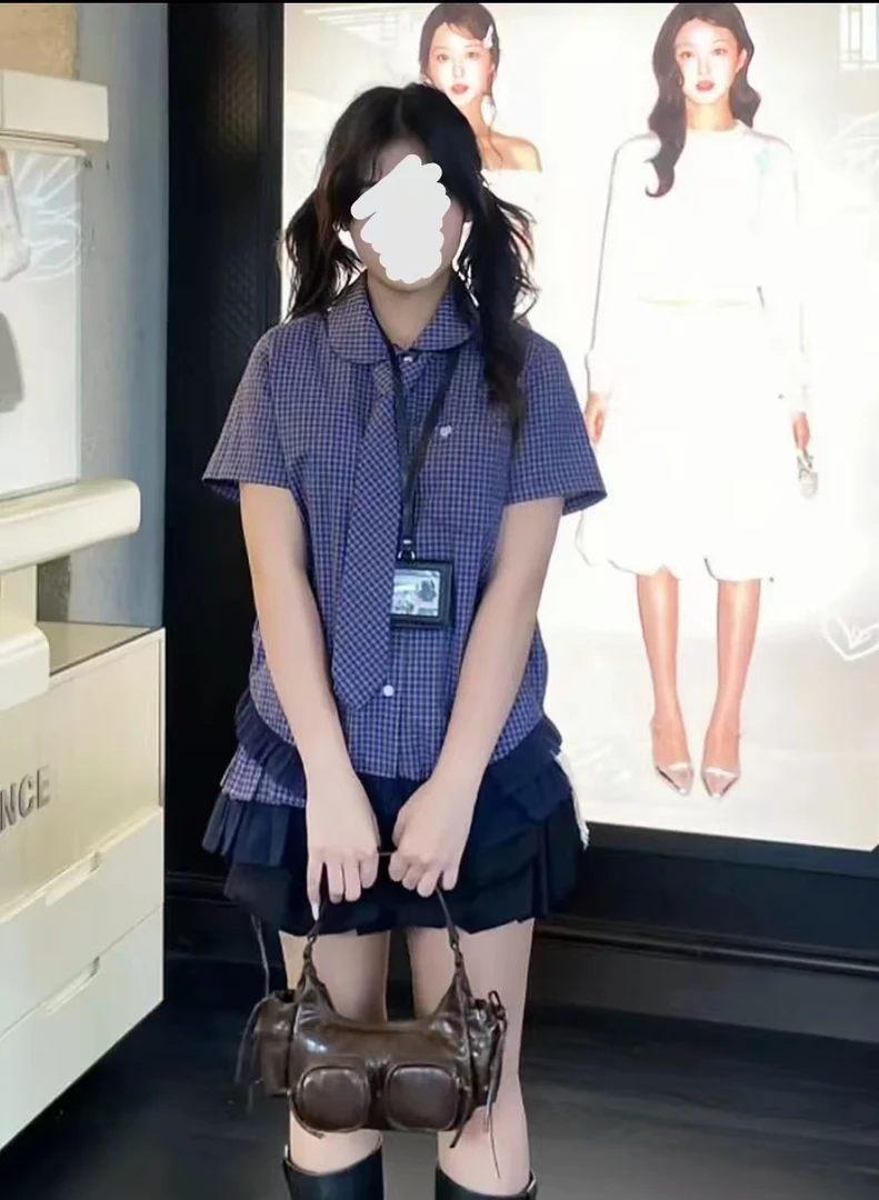 小九九 复古花边短袖33931网纱格纹拼接短裙33956净版长裤33957