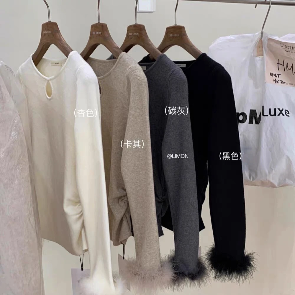 毛毛拼接设计感小众褶皱收腰毛衣秋冬款镂空气质上衣