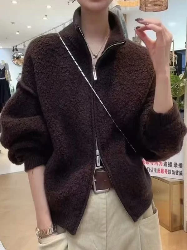 韩系立领双拉链圈圈绒外套女秋冬新款开衫上衣外套