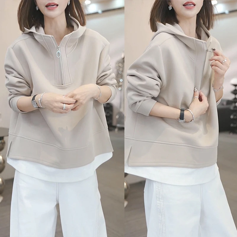 【薄霜覆野】假两件连帽长袖卫衣女2025年春秋新款宽松显瘦百搭上衣