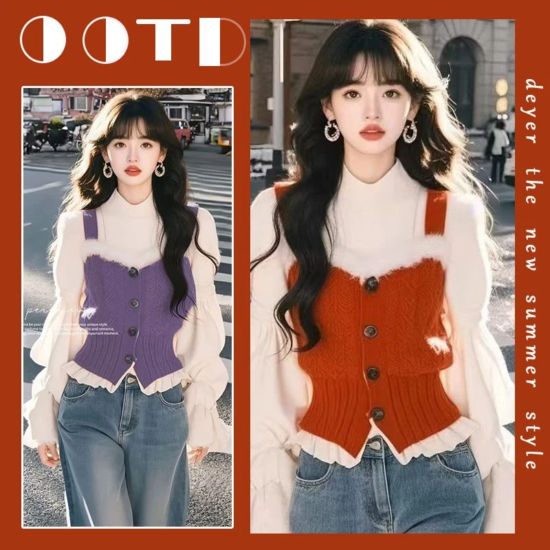 春季过年穿搭一整套女2025新款韩版高级感假两件毛衣牛仔裤两件套