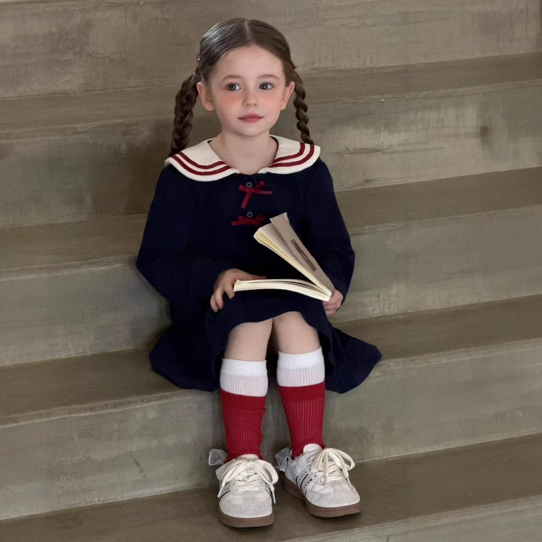 女童韩版秋季新款海军领长袖学院风儿童公主洋气学生娃娃领连衣裙