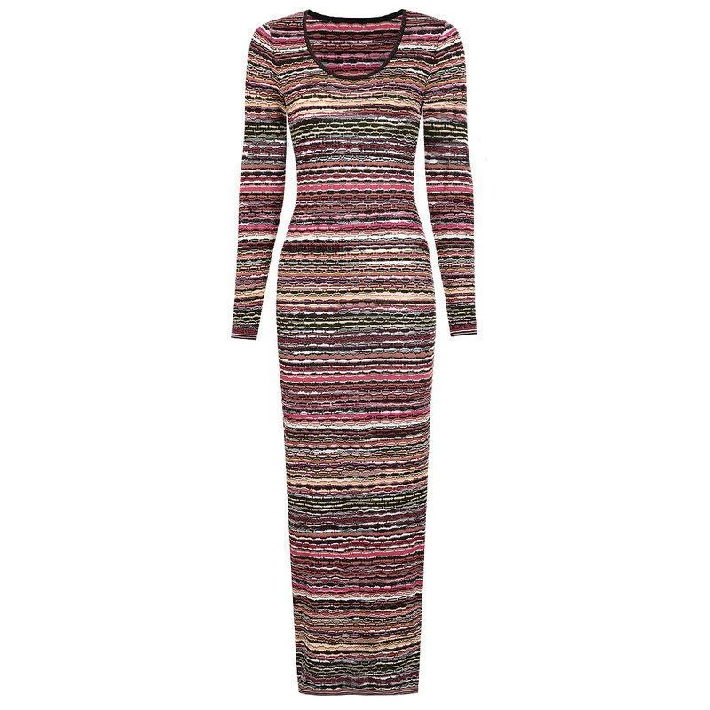 25261现货新款长袖条纹修身显瘦长款针织连衣裙秋冬时尚大气裙子