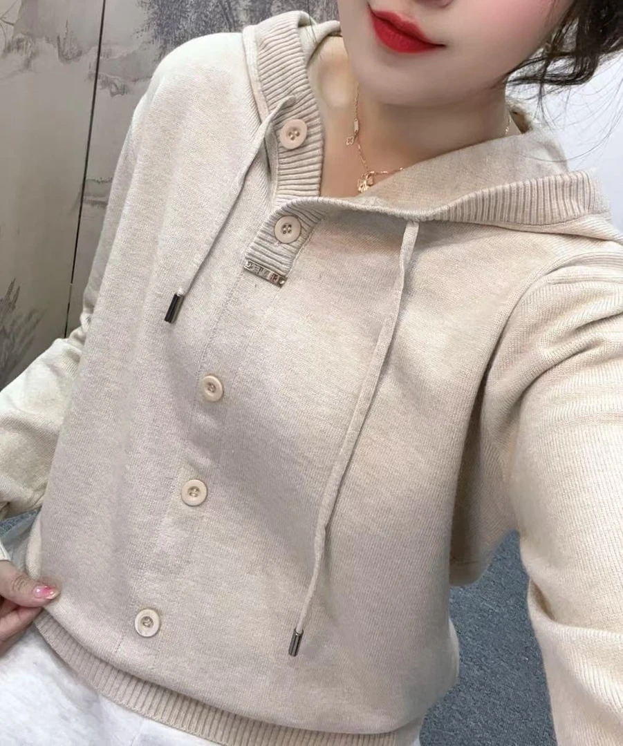 2025春秋新款纯色毛衣针织带帽长袖毛针织衫拼接宽松韩版女士百搭