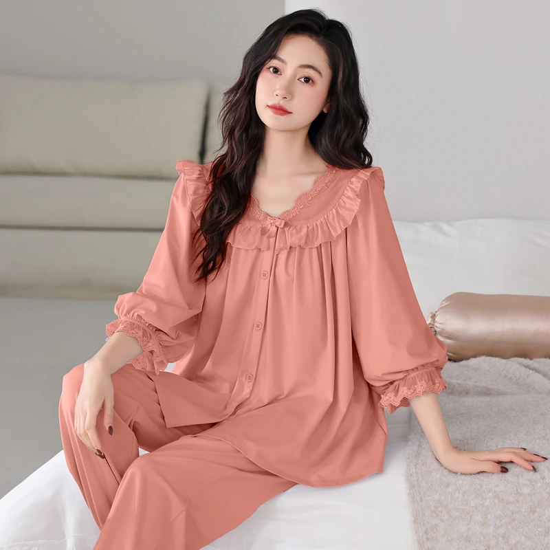 睡衣女夏季七分袖长裤纯棉新款女士宽松大码春秋季夏天薄款家居服