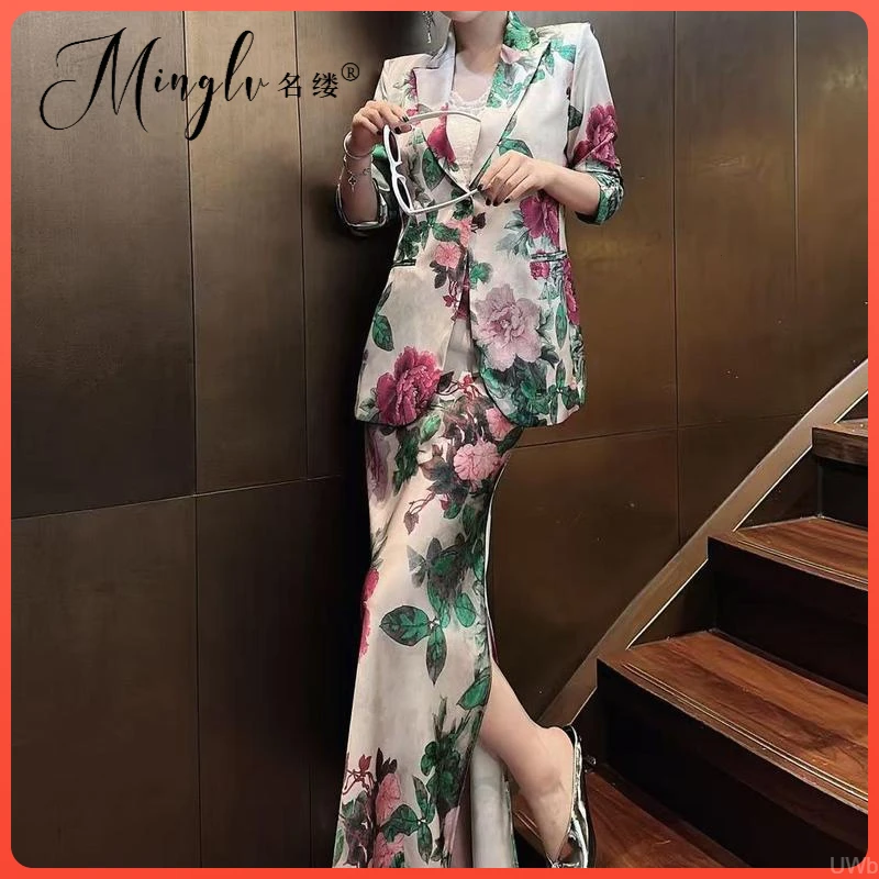 职场优雅轻熟风原版通勤半裙强大干练西服包臀名媛气场套装印花