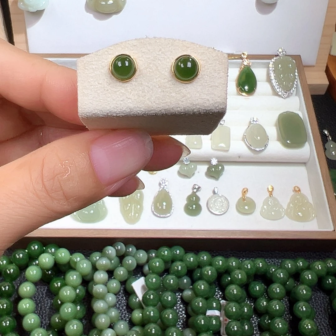 和田玉（碧玉）银S925镀金镶嵌耳饰