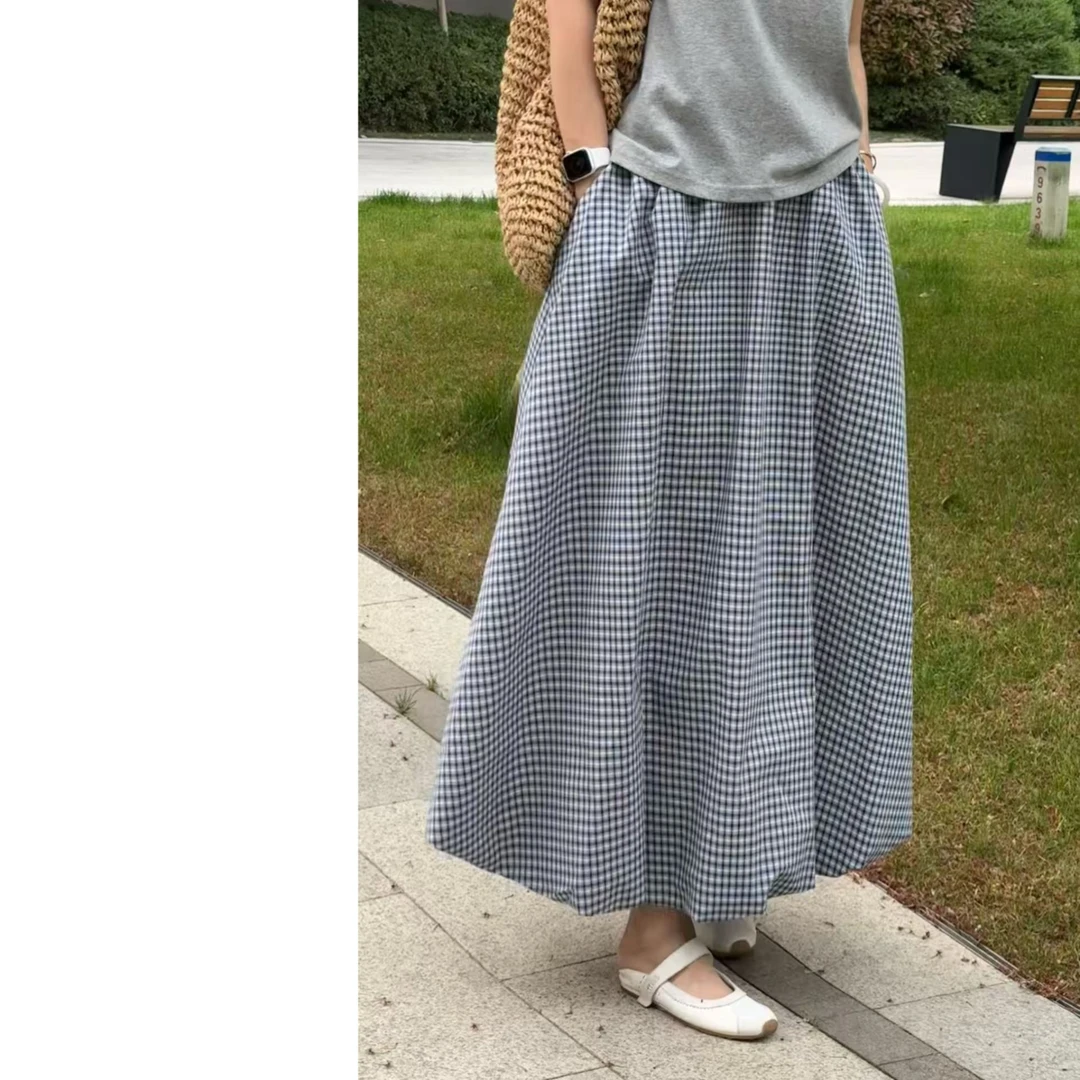 墨迹姐高个子加长“格子半身裙”花苞百搭显瘦松紧腰半身长裙