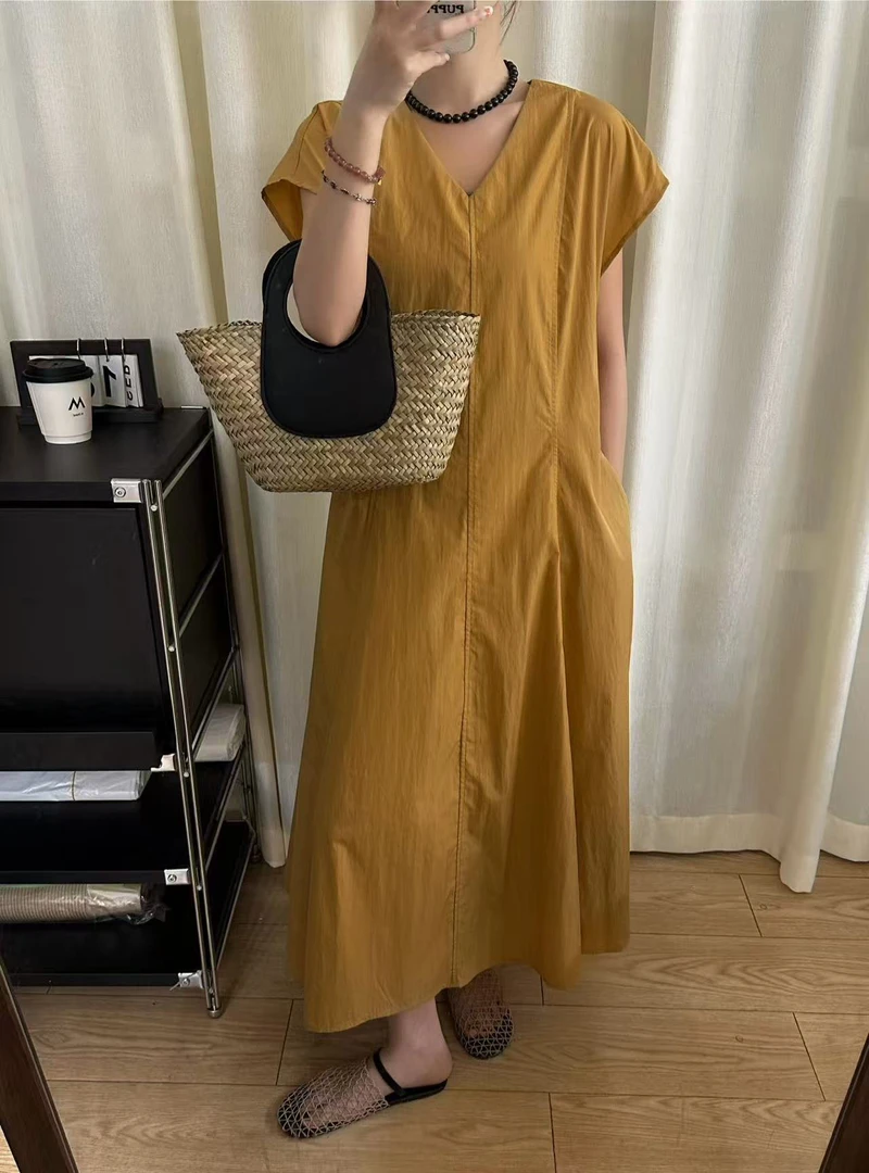 夏季新款V领收腰显瘦气质法式A字长款连衣裙