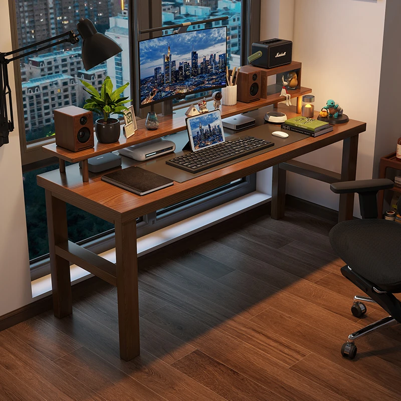 蓝泽实木电脑桌家用简约书桌长电竞桌带书架学习办公桌工作台专用