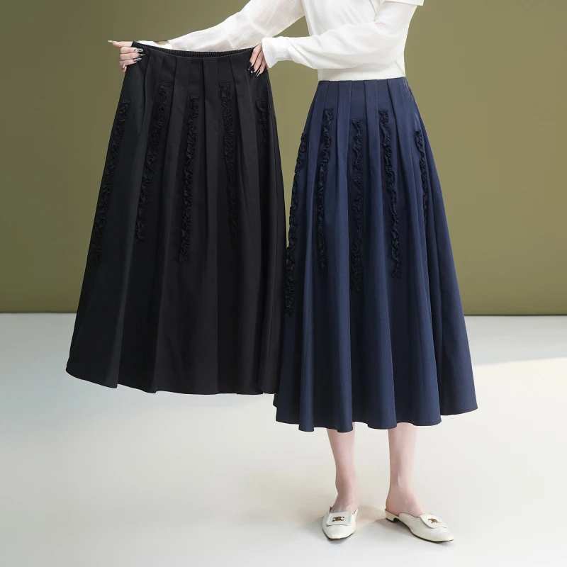 欧洲站2025秋季新款百褶伞裙a字大摆高腰中长款遮胯黑色半身裙女