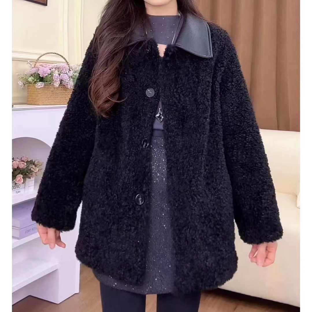 【韵味伊人】 小个子定制秋冬中长款黑色显瘦毛毛翻领外套YWYR1032