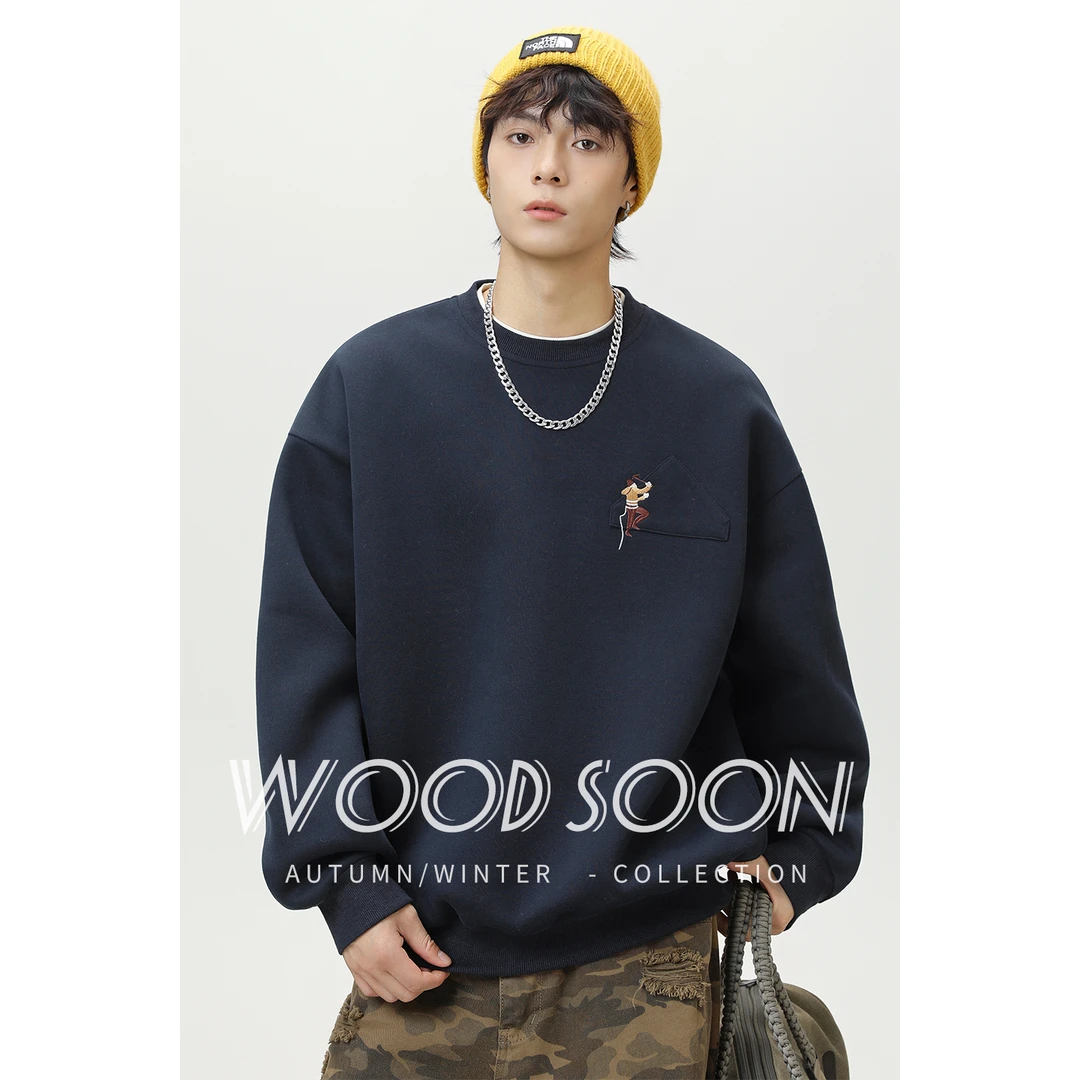 WOODSOON圆领长袖卫衣男士潮流2025新款休闲打底衫宽松秋冬季上衣