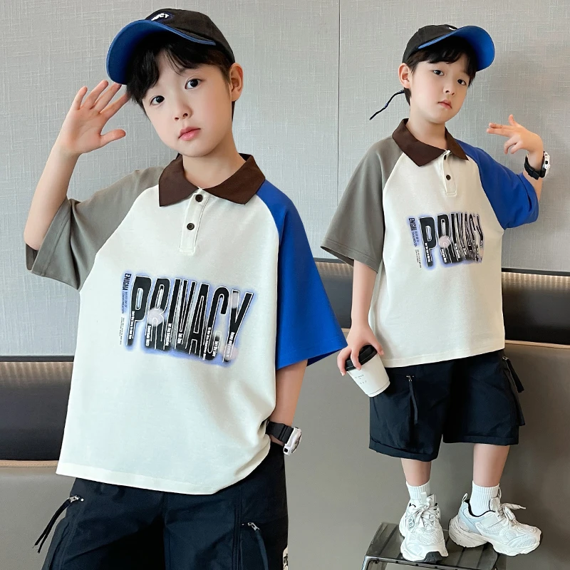 男童t恤2025夏季新款中大童上衣拼色翻领polo衫儿童短袖体恤潮牌t