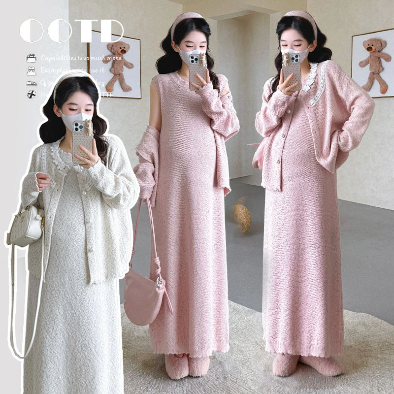 孕妇套装新款2025秋冬蕾丝花边针织开衫长款孕妇背心连衣裙两件套