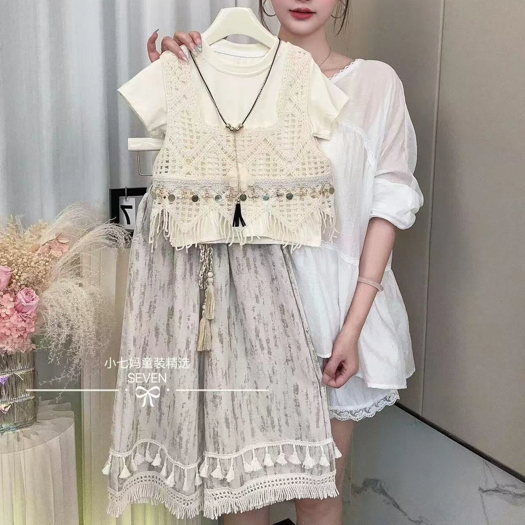 女童2025夏季新款马甲圆领短袖菱形长裤套装