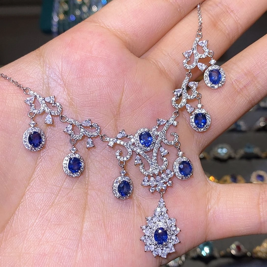 蓝宝石套链银S925镶嵌