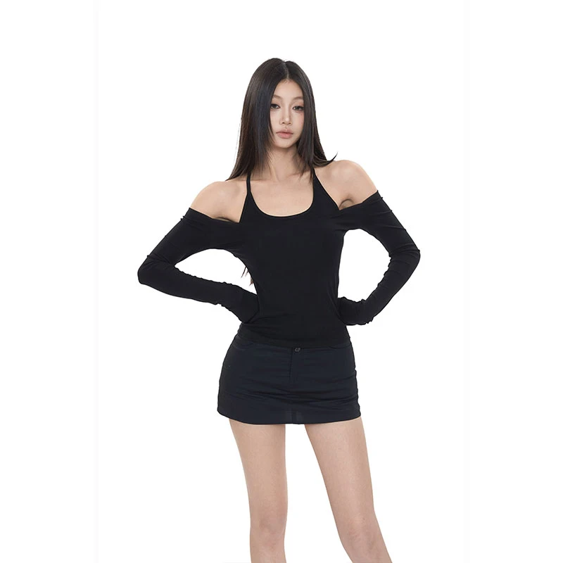 withmin画家恋人 显瘦假两件吊带长袖T恤春夏新款上衣【2522027】