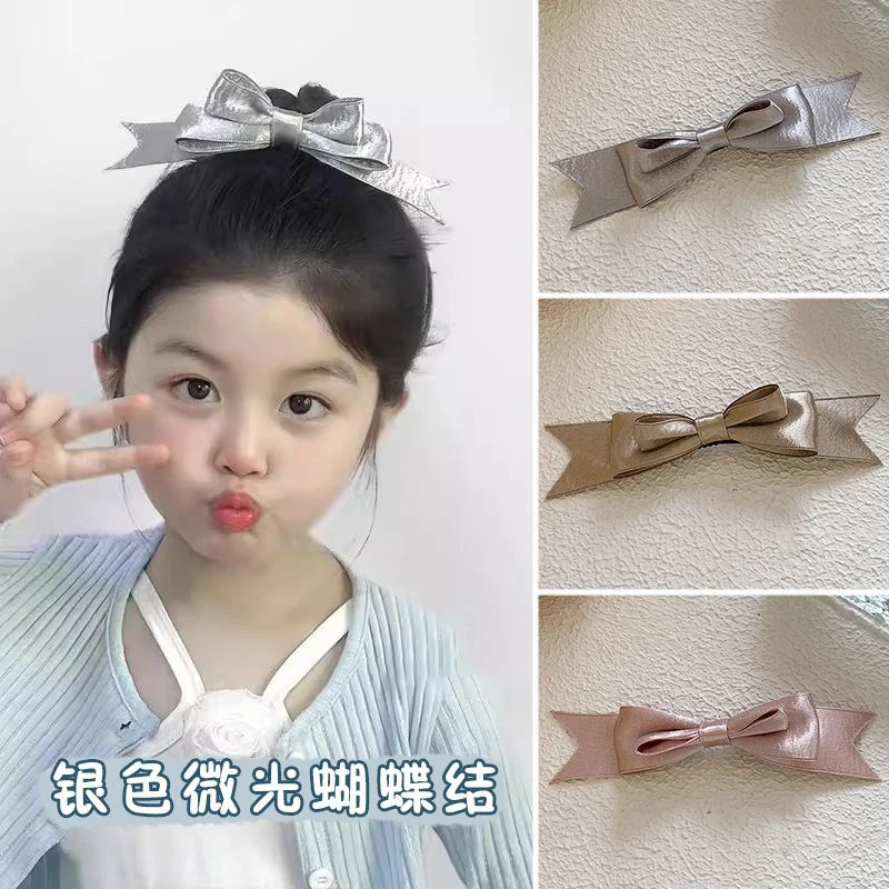 【梦蜜】韩版ins银色微光布艺蝴蝶结蝶顶夹儿童发夹头饰气质鸭嘴夹