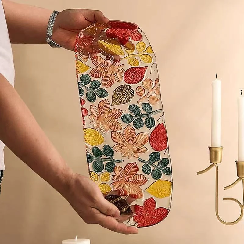 轻奢水晶玻璃彩绘秋叶长盘茶盘手工彩绘