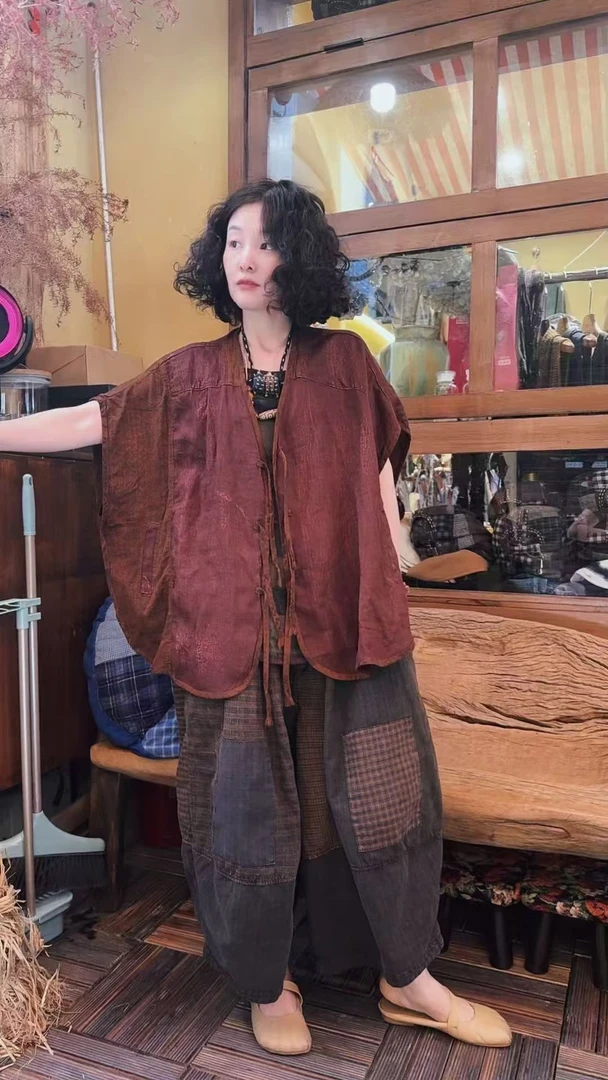 麻苏苏原创  文艺复古个性麻料拼接开衫（胸围160长66）