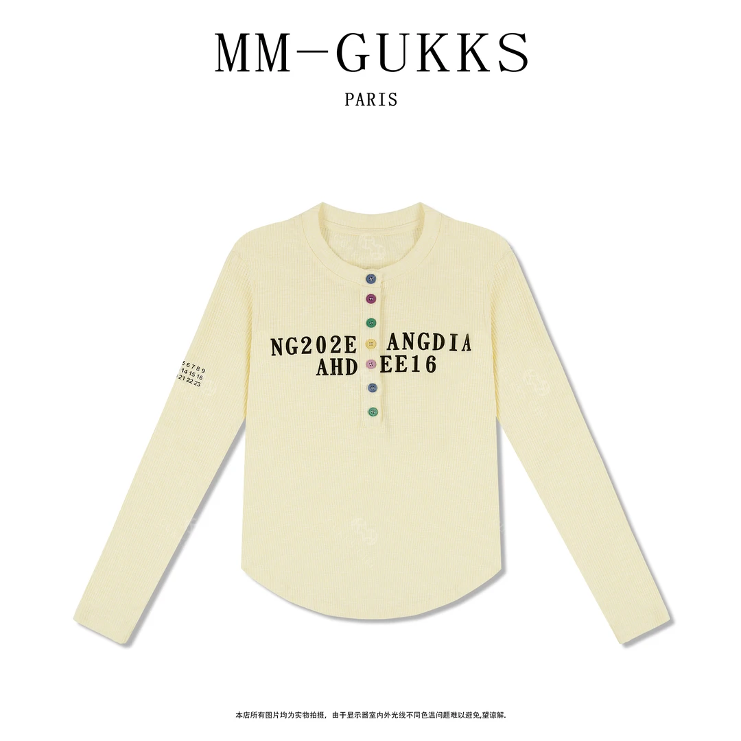 明明GUKKS/2025早春上衣半开领字母长袖T恤修身显瘦T