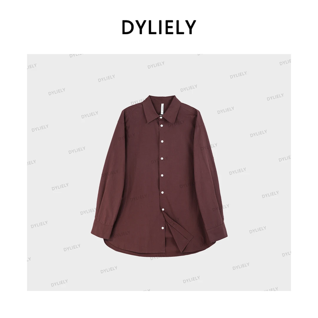 新款简约酒红色翻领纯棉设计感纯色百搭女衬衫上衣CT0351