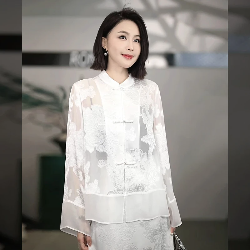 溶溶【白牡丹】RONRGONG 100桑蚕丝新中式国风气质提花衬衣S5635X