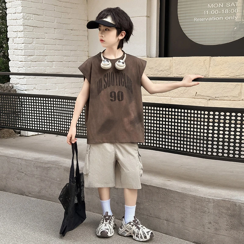 【高质量】男童背心套装儿童无袖两件套2025新款夏季中大童宽松套装