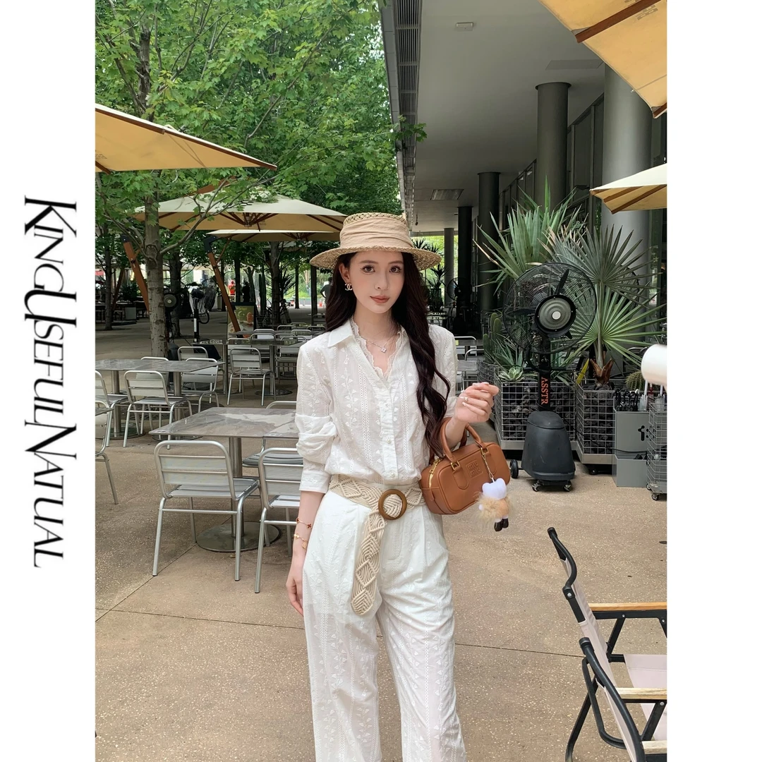 KUN【普吉岛约定】蕾丝加老钱 竖条纹几何花型衬衫直筒裤白色套装