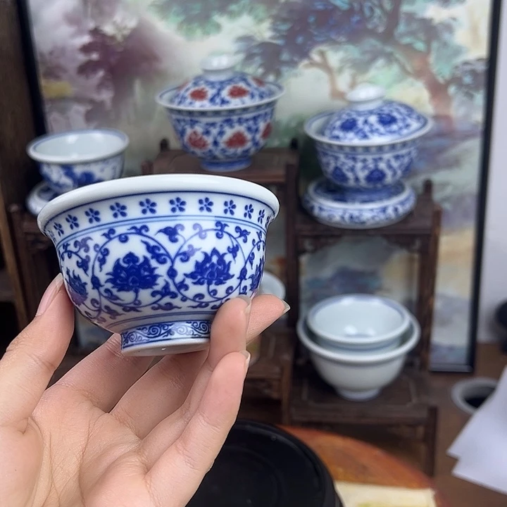 陶杯子青花缠枝莲小压手