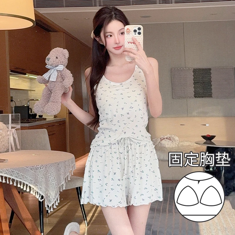 莫代尔带胸垫无袖睡衣女夏季背心甜美碎花2025新款夏天家居服套装