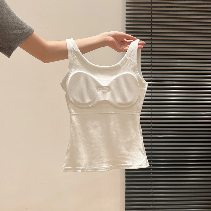 白色吊带配开衫女夏新款带胸垫内搭小背心文胸一体外穿遮副乳上衣
