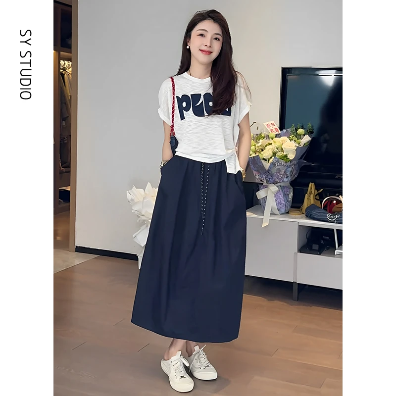 独特漂亮夏装两件套字母印花针织t恤上衣高腰显瘦百搭半身裙套装