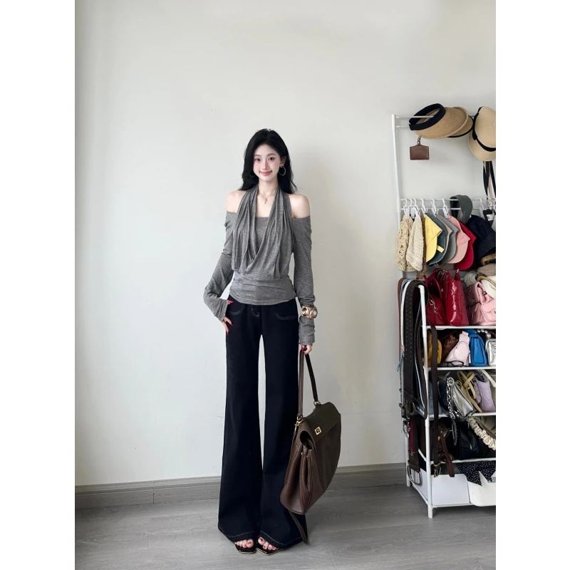 灰色荡领假两件长袖打底衫上衣女秋季独特漂亮极简高腰微喇牛仔裤