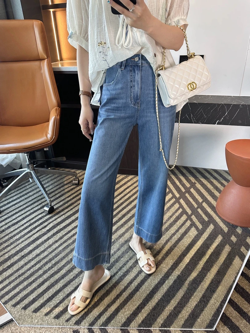 空调凉感~窄版直筒九分牛仔裤女2025夏季新款大码胖mm弹力奶奶裤