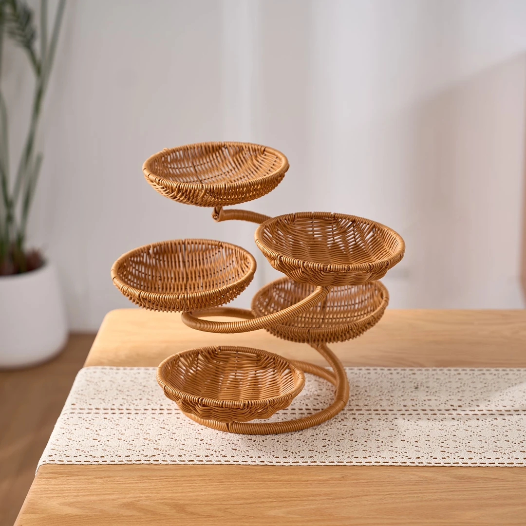 nw366多层点心篮迎客松水果零食点心蓝纯手工编织家用水果点心篮