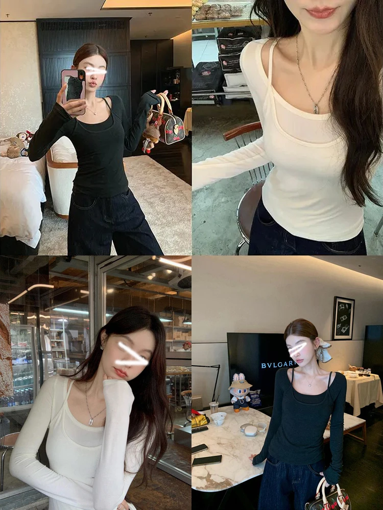 设计感假两件白色长袖上衣女2025新款休闲时尚修身内搭打底衫T恤