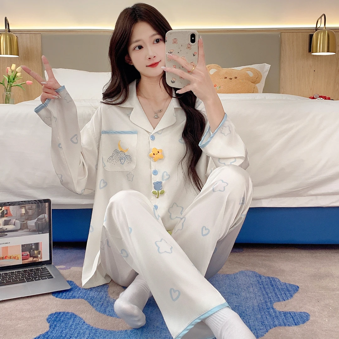 春秋季睡衣女冰丝凉感长袖女生夏季薄款可外穿甜美少女家居服套装