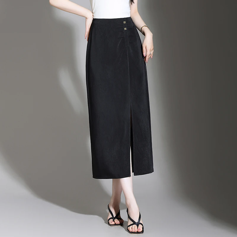 醋酸缎面黑色半身裙女2025夏季新款气质显瘦直筒开叉一步裙中长裙