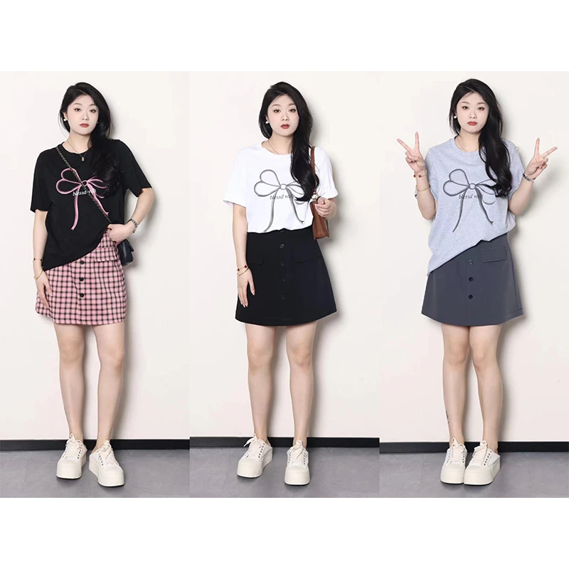 QC李潇洒【浪漫满屋】微胖大码女夏韩系印花T恤+半身裙套装ZY406J30