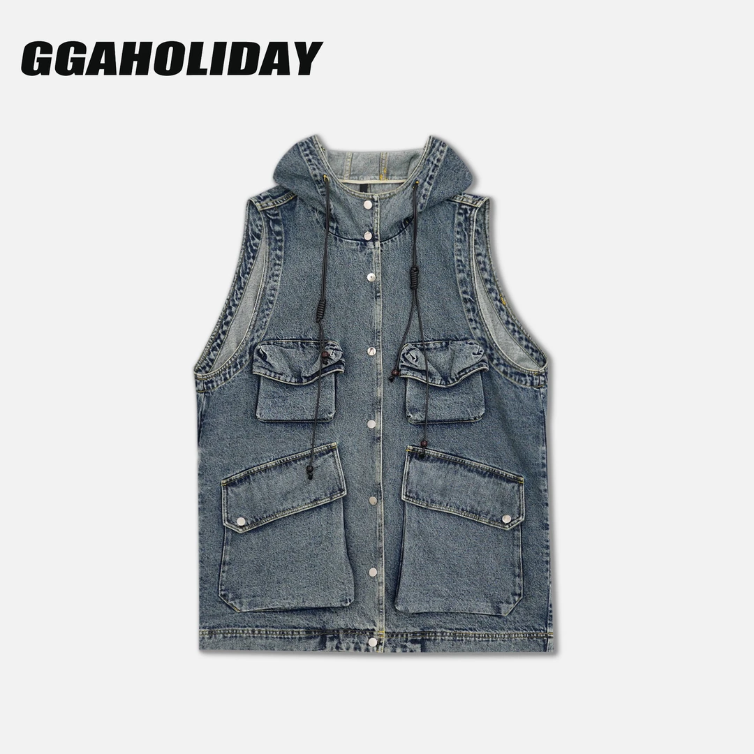 【上新】GGAHOLIDAY时尚休闲百搭潮流连帽无袖马甲牛仔外套-153101