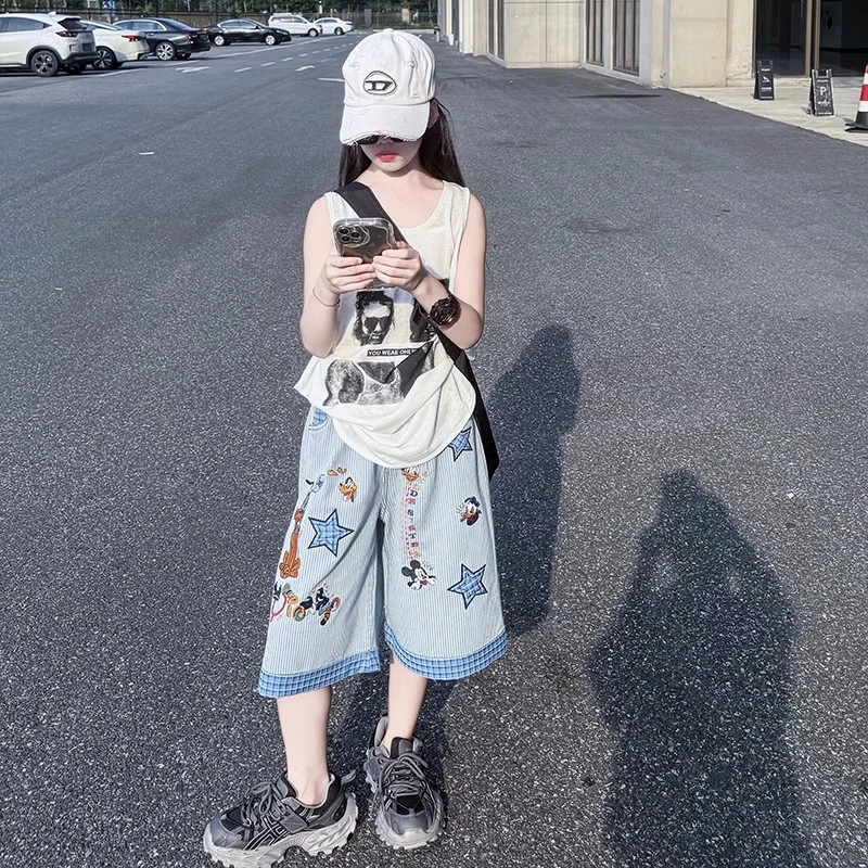 女童美式复古童趣卡通贴布阔腿裤子辣妹设计感格子拼接背心七分裤