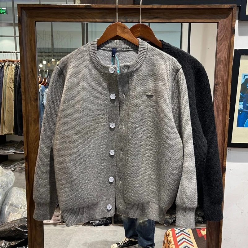 日系复古雅痞慵懒风宽松开衫毛衣男秋冬款厚实圆领休闲针织外套男
