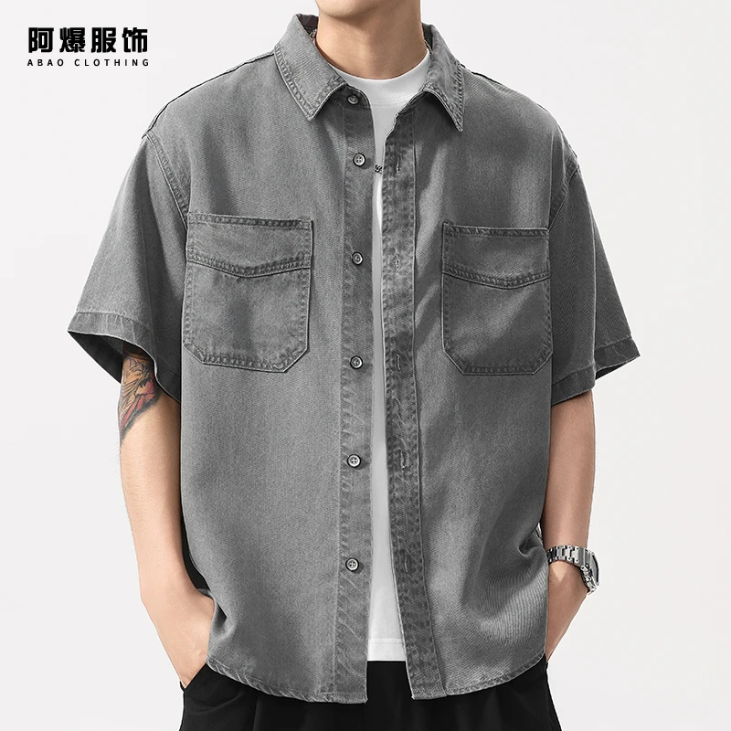 【阿爆服饰】100%天然莱赛尔凉感牛仔衬衫男夏季宽松休闲短袖衬衣潮