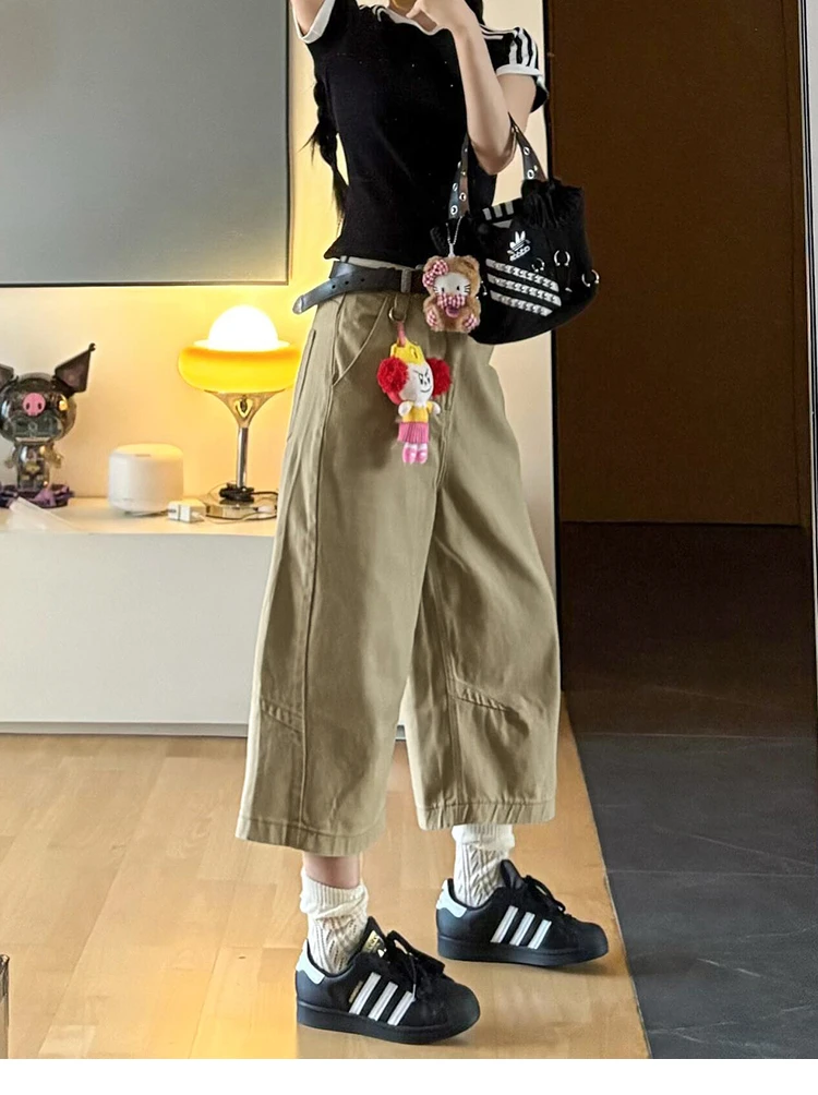 复古卡其色七分牛仔裤女夏季宽松直筒梧桐阔腿中裤过膝八分短裤子