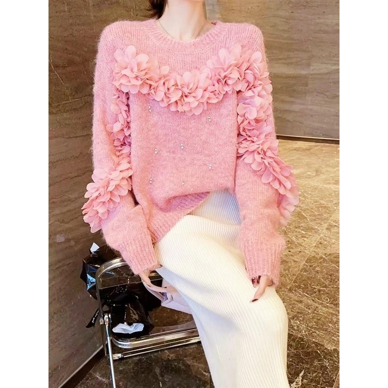秋冬新款洋气拼立体花朵重工镶钻高级感超好看的毛衣独特漂亮